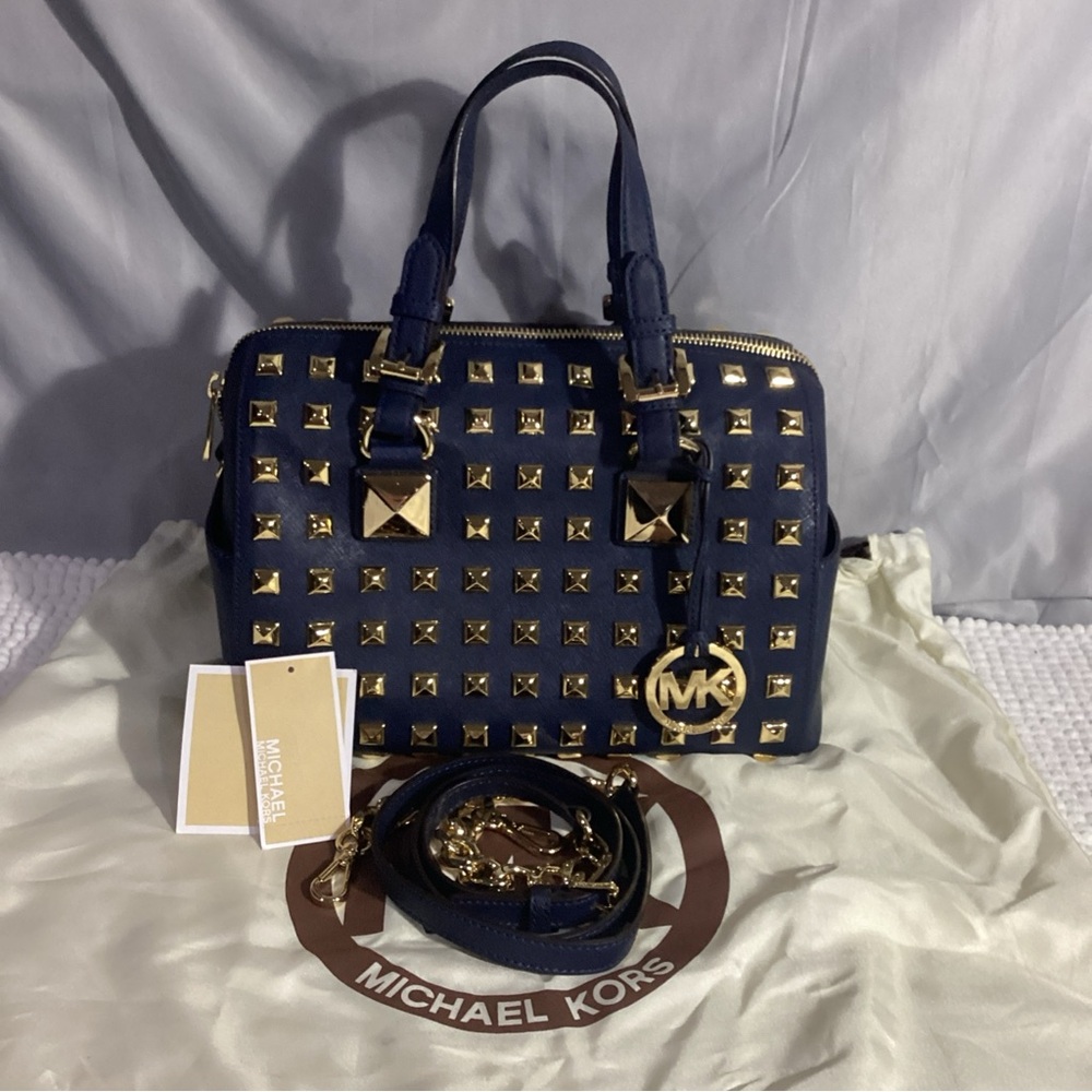 MICHAEL Kors Navy Blue Gold Studded Leather Grayson Satchel with Long Strap - Picture 13 of 13